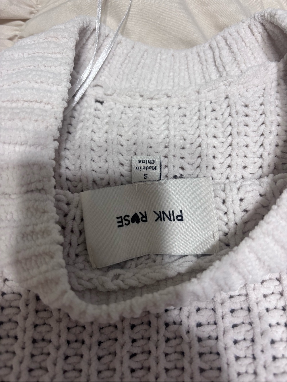 Pink Rose Cream Waffle-Knit Crewneck Sweater